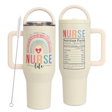 Imagem de vaanshie 1,134 g com alça e canudo, caneca Mama Tumbler, Best Mom Ever Mug, presente de aniversário para mãe ideal para presente de dia das mães (enfermeira com arco-íris, 1,134 g)