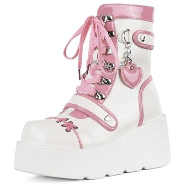 Imagem de Accloris Bota de cano médio feminina plataforma gótica rave kawaii, salto alto, bico redondo, zíper cunha, cano médio, rosa, 38