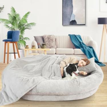 Imagem de Fvkind Cama de cachorro humana para adultos com cobertor e travesseiro, 180 cm x 129 cm x 30 cm, cama ortopédica lavável para cães de tamanho humano, cinza