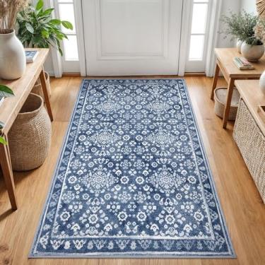 Imagem de SILOLOOM Tapete lavável vintage 7 x 12 cm para entrada, tapete de entrada azul marroquino macio com antiderrapante, tapete de área geométrico estampado geométrico floral 3x5 sem queda para cozinha,