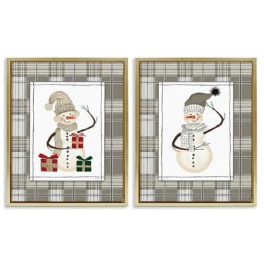 Imagem de Stupell Industries Conjunto de tela flutuante de 2 peças de bonecos de neve aconchegantes em xadrez, design de Cindy Jacobs, 53 x 43 cm