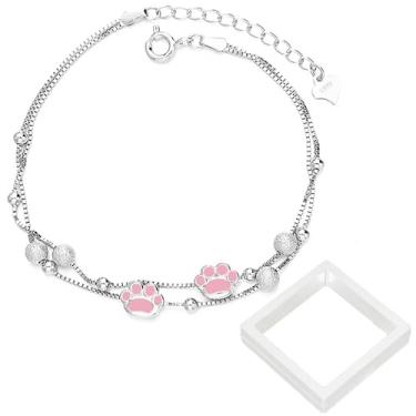 Imagem de Pulseira feminina com estampa de pata - Charme de animal rosa delicado, pulseiras de elos ajustáveis com suporte de exibição de moldura