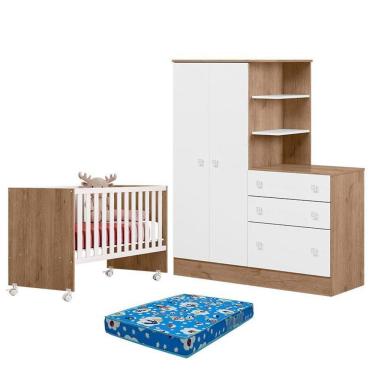 Imagem de Berço Nacional 3540 E Guarda Roupa Com Cômoda 4070 Doce Sonho Carvalho Rústico Toq Branco E Colchão Tendtudo – Qmovi