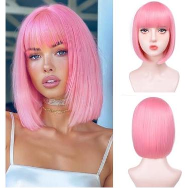 Imagem de Peruca em T, cor T, rosa, Bob curto, com franja sintética - T-color