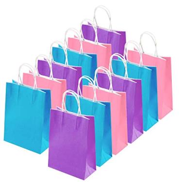 Imagem de Cooraby 20 peças sacos de papel kraft sacos de lembrancinha de festa sacos de papel artesanal com alça para aniversário, chá de bebê, casamento e celebrações de festa (azul claro, roxo claro, rosa)