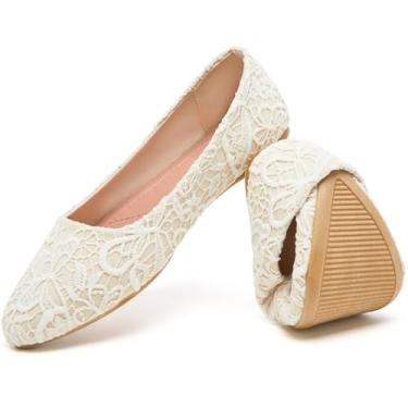 Imagem de HEAWISH Sapatilhas femininas pretas de renda bordada com flores e bico fino confortável, Bege, 35