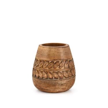 Imagem de Hanol Porta-lápis designer de madeira de manga para mesa – suporte de caneta de madeira, organizador de copos de pincel para escritório, maquiagem e artesanato (8,9 cm x 8,9 cm x 10,16 cm)