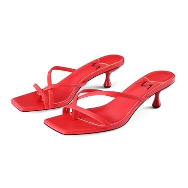 Imagem de MIRAAZZURRA Chinelo de salto gatinho quadrado bico aberto tanga de salto baixo com tiras, sandálias deslizantes para festa diária, Vermelho, 37