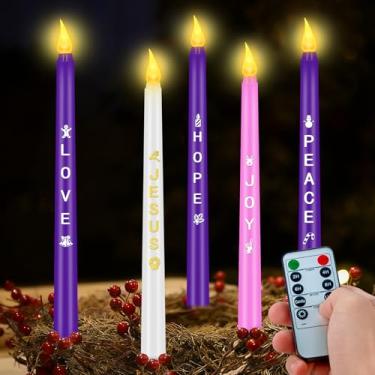 Imagem de RGQSUN [Temporizador] 5 peças de velas LED do advento sem chama, vela cônica cintilante, controle de temporizador, varas de LED com chama 3D cintilante para decoração do advento de guirlanda de Natal