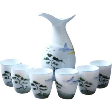 Imagem de TLTDSMY Conjunto de copos de saquê japonês 7 peças tradicionais de cerâmica com 1 garrafa de servir saquê e 6 copos de saquê, D