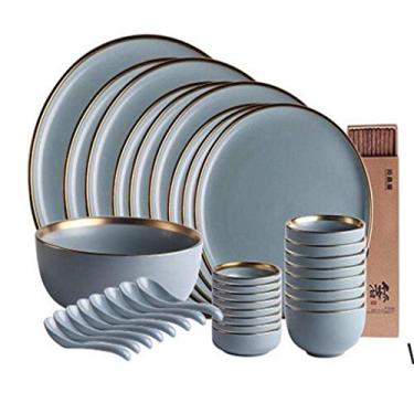 Imagem de Pratos de jantar, utensílios de mesa de cerâmica, conjunto de jantar de porcelana azul Phnom Penh 34 peças, tigelas de cerâmica, prato de jantar, serviço de colher para 8 pessoas, presente de