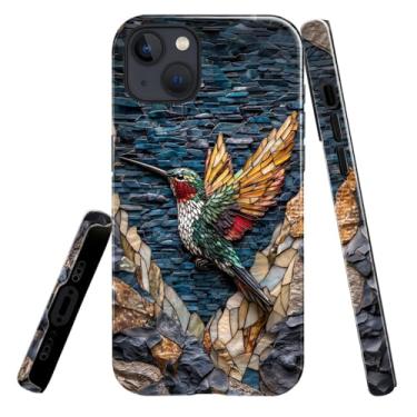 Imagem de heindiy Compatível com iPhone 13/14, capa brilhante, proteção total, à prova de choque, anti-arranhões, capa de TPU, capas para homem, mulher, beija-flor, vitral