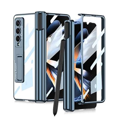 Imagem de AMEOBA Capa para Samsung Galaxy Z Fold 4, com suporte integrado, proteção de dobradiça, capa magnética de corpo inteiro, com protetor de tela, compartimento para caneta S azul