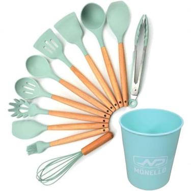 Imagem de Jogo 12 Peças Silicone-madeira Talher Escumadeira Utensilio Cozinha - Verde água