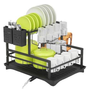 Imagem de Escorredor de Louça Preto C/ Bico de Escoamento Porta Talheres Duplo E