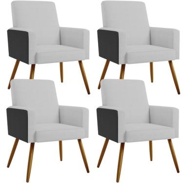 Imagem de Kit 04 Poltronas Decorativa Maria W01 Pés Palito Linho Cinza Couríssimo Preto - Lyam Decor