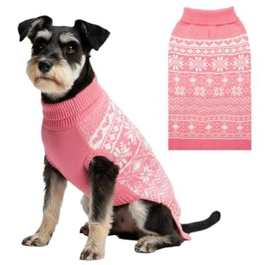 Imagem de ABFEKIEA Suéter para cachorro de Natal, roupas quentes de inverno para cães pequenos, médios e grandes, fofo padrão de floco de neve rosa com gola rolê, suéter de tricô para festas de fim de ano, uso