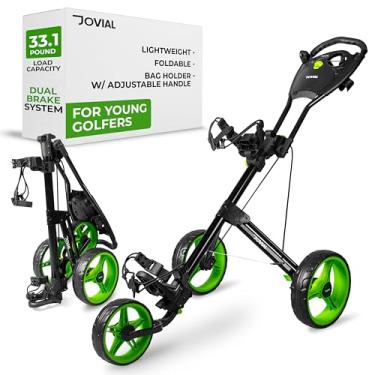 Imagem de JOVIAL Carrinho de golfe júnior dobrável de 3 rodas com moldura de alumínio, capacidade de 15 kg, alça acolchoada ajustável, sistema de frenagem rápida, suporte de cartão de pontuação, suporte de