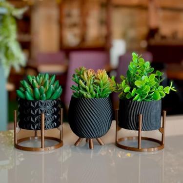 Imagem de Kit 3 Vasos Decorativos Origami para Plantas Artificiais Suculentas Enfeite Sala Rack Quarto (Preto)