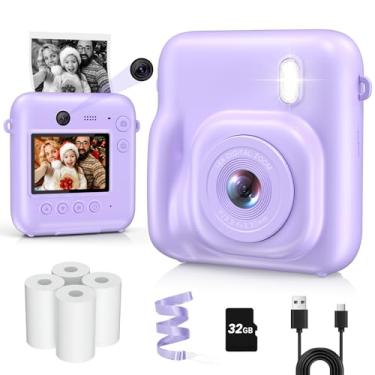 Imagem de Câmera infantil com impressão instantânea, lente dupla, câmera digital de 48 MP para presentes de Natal, aniversário, câmeras instantâneas de selfie 1080p para crianças com cartão de 32 GB, câmeras