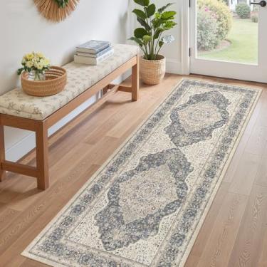 Imagem de Tapete lavável para sala de estar, quarto, sala de jantar, escritório, decoração de chão - tapete antiderrapante resistente a manchas e desbotamento, tapetes grandes vintage ultrafinos (azul/bege)