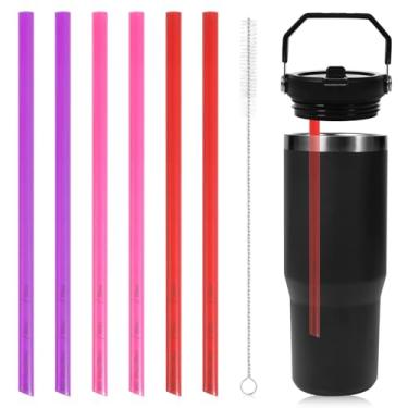 Imagem de 6 canudos de substituição para Stanley, canudos de copo de plástico reutilizáveis com escova de limpeza de garrafa para Stanley IceFlow 20/30/40/1,8 g Acessórios de canudo para copo (roxo, vermelho