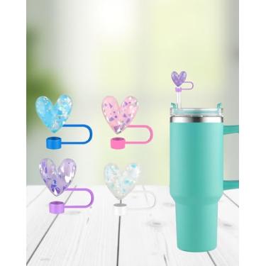 Imagem de 4 peças de capas de palha em forma de coração para copos Stanley 30/1,134 g | Toppers de silicone de 1 cm | Serve para Quencher | Tampas reutilizáveis à prova de poeira