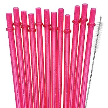 Imagem de Pacote com 12 canudos de plástico reutilizáveis com glitter, canudos duros de 28 cm de comprimento com escova de limpeza, lavável na lava-louças - Rosa (JCF)