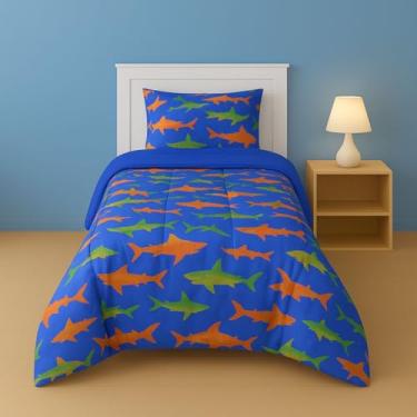 Imagem de Edredom Solteiro Infantil Dupla Face Estampado Digital Fofinho Macio Avulso Micropecal 200 Fios (Tubarão)