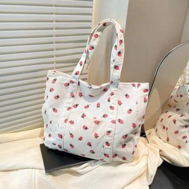 Imagem de Bolsa feminina de veludo cotelê, bolsa de ombro de lona com bolsos para viagem, trabalho, compras, academia, armazenamento mochila carteira, Morango branco, Small to Medium