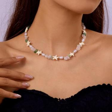 Imagem de Colares Boho com contas de estrela-do-mar, pérolas falsas, colar de pedra de vidro rosa, contas banhadas a ouro, pingentes étnicos, corrente de clavícula, vintage, moda feminina, joia feminina