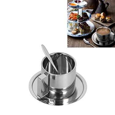 Imagem de Conjunto de canecas de café de aço inoxidável, copos isolados de parede dupla com colher de pires 280 ml para casa, escritório, viagens, amantes de café ao ar livre, adultos, estudantes, design