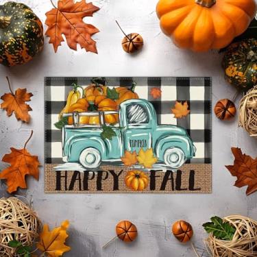 Imagem de Jogo americano de Halloween 29 x 43 cm – Design de outono com abóboras de transporte de caminhão, tapete de jantar lavável resistente ao calor para cozinha, mesa de centro e decoração de festa