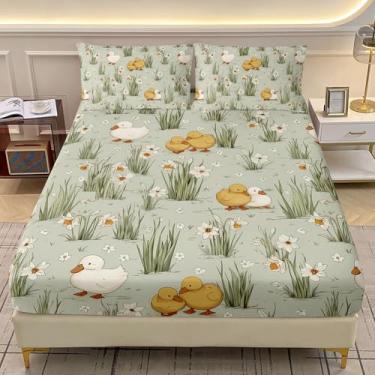 Imagem de AILONEN Jogo de lençol solteiro kawaii, patos amarelos e brancos, verde grama, para crianças, meninas, adolescentes, lençol com elástico macio, com 2 fronhas, 3 peças