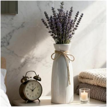 Imagem de Boho Vasos de cerâmica esmaltados brancos de 20 cm para flores com corda de juta natural, vaso de porcelana moderno para prateleira de mesa, decoração de casa (branco)