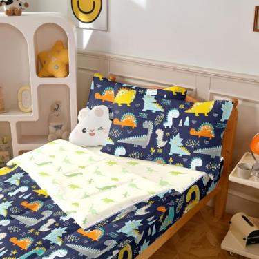 Imagem de Yadangxiawa Jogo de edredom infantil, solteiro com zíper, estampa de dinossauro, lençol com elástico e fronhas para todas as estações (dinossauros)