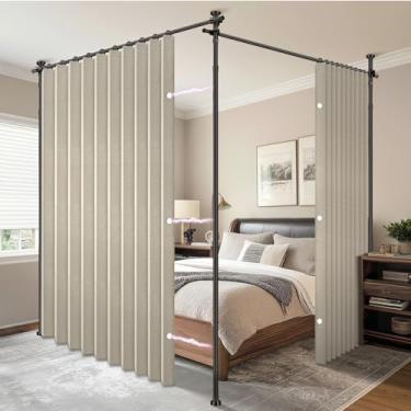 Imagem de AJAZZ Cortina divisória de quarto (2 painéis, branco creme, L 259 x C 236 cm) + hastes de cortina sem perfuração tensão ajustável (H) 43-120 × (L) 183-508 cm, divisor de parede resistente para
