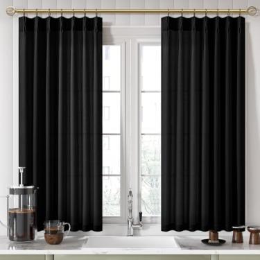 Imagem de Cortinas plissadas pretas de linho curto de 114 cm para janelas sobre a pia, cortina vintage com filtro de luz semitransparente, privacidade semitransparente para cozinha/café, janela pequena, aba