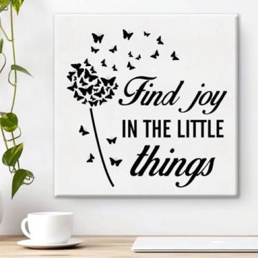 Imagem de Arte de parede em tela primavera primavera Encontre alegria nas pequenas coisas impressão inspiradora pôster arte emoldurada para sala de aula, estudo, quarto, escritório, decoração de casa 20 x 20 cm