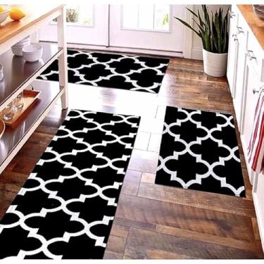 Imagem de Kit Tapete de Cozinha Antiderrapante 3 Peças – Passadeira + 2 Tapetes Jogo Decorativo Geométrico Lavável e Antialérgico (M 2 Preto)