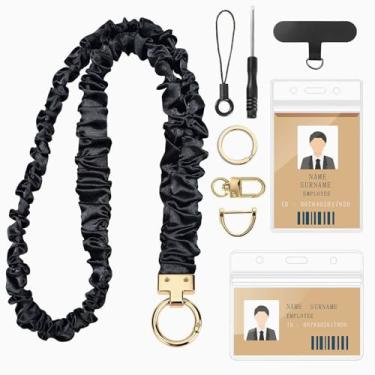 Imagem de Cordão Scrunchie para crachás de identificação, cordões retráteis para professores, cordões elásticos para chaves, cordão de pescoço com suporte de chaveiro para mulheres e mulheres, preto