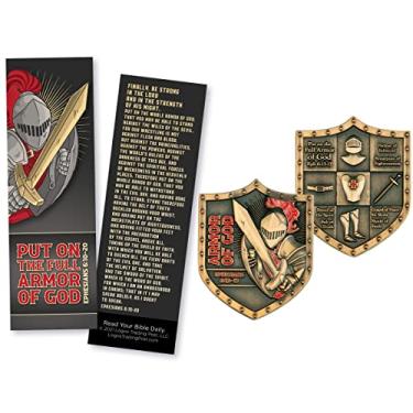 Imagem de Armor of God Bookmarks & Challenge Coin, Pack of 25 Spartan Warrior Bible Bookmarkers & 1Matching High Relief Armour of God Christian Commemorative Souvenir Coin, Scripture Cards & Pocket Prayer Token