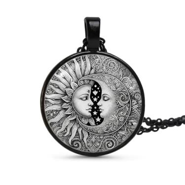Imagem de 1 colar com pingente redondo deslumbrante - padrão exclusivo de sol e lua, mosaico de vidro estilo pintura a óleo, estrutura de liga, corrente de suéter moderno, presente moderno para mulheres