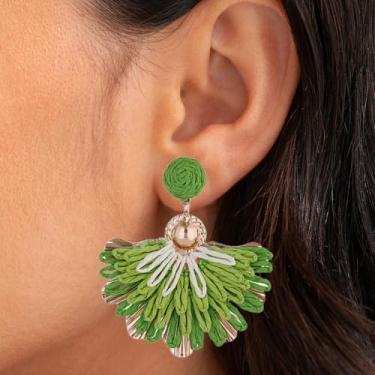 Imagem de Brincos femininos boho com pingente de flor marrom, azul, verde, amarelo, rosa, cauda de pavão, ráfia, relva, brincos El brinco boêmio, joias, presentes de amizade, presentes de Natal para mulheres