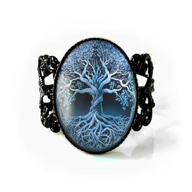 Imagem de Anel Blue Tree of Life - Joias pagãs celtas, pulseira de filigrana ajustável em bronze ou preto, anel artesanal de vidro artesanal, Metal, Sem pedra preciosa