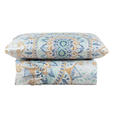 Imagem de Kit Cobre Leito Colcha Turin Solteiro Estampada C/ Babado 400 Fios 2 Peças Mandala Azul Bege