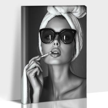 Imagem de Hzddty Arte de parede em tela de banheiro preto e branco, impressões de pintura minimalista moderna para sala de estar quarto decoração de parede de casa, Vogue Lady Pictures Obra de arte para quarto