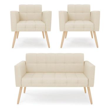 Imagem de Kit 1 Sofá Namoradeira E 2 Poltronas Elisa Linho Pés Palito Natural - D'rossi Cor A19 Bege
