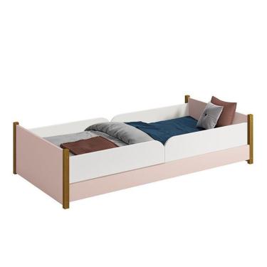 Imagem de Cama Evolutiva Ravi Rosa Com Pés Amadeirado, 2 Kits Grade Lateral Lisa E Colchão D33 - Reller Móveis Rosa Fosco