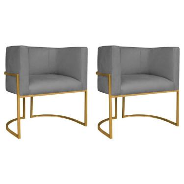 Imagem de Kit 02 Poltronas Decorativas Luna Base De Ferro Dourado Suede Cinza Escuro